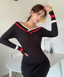 Lady's coco 膝丈ドレス キャバドレス セクシー 韓国スタイル 新作 バイカラー タイトワンピース オフショルダー LW2-DD6033