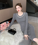 【4色】膝丈ドレス キャバドレス ビジュー付き ニット 韓国風 タイト ボディコン おしゃれ 着痩せ デート お出かけ パーティー 結婚式 JC2-ZED88643GT510D