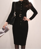 Lady's coco 膝丈ドレス キャバドレス セクシー 韓国スタイル ニットタイトワンピ 半ハイネック スリムフィット ウエストマーク ミディ丈 LW2-DD6029