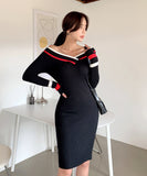 Lady's coco 膝丈ドレス キャバドレス セクシー 韓国スタイル 新作 バイカラー タイトワンピース オフショルダー LW2-DD6033