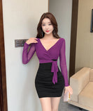 【3色】ミニドレス キャバドレス セクシー オフショルダー メッシュ タイトワンピース Vネック 長袖 伸縮性あり  LW2-DD5832