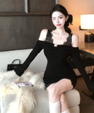 【2色】ミニドレス キャバドレス セクシー フレンチエレガント オフショルダー レース切替 ニット スリムフィット 秋冬 デート お出かけ JC2-XKDD426-7932-Sep21