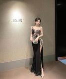 ロングドレスキャバドレス刺繍セクシー肌見せナイトクラブイベント高級感キラキラ気質非対称 WQ2-DD4474