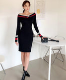 Lady's coco 膝丈ドレス キャバドレス セクシー 韓国スタイル 新作 バイカラー タイトワンピース オフショルダー LW2-DD6033