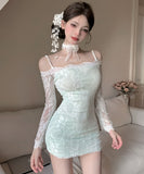 【3色】ミニドレス キャバドレス セクシー レース切り替え シースルー 長袖 タイトミニドレス ナイトクラブ 指名 JC2-DD5580