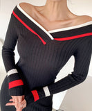 Lady's coco 膝丈ドレス キャバドレス セクシー 韓国スタイル 新作 バイカラー タイトワンピース オフショルダー LW2-DD6033