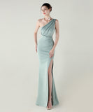 ロングドレス キャバドレス セクシー ワンショルダー サテン タイト マーメイドドレス プリーツ スリット入り 夜会 パーティー 結婚式 JC2-YEY33598