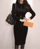 Lady's coco 膝丈ドレス キャバドレス セクシー 韓国スタイル ニットタイトワンピ 半ハイネック スリムフィット ウエストマーク ミディ丈 LW2-DD6029