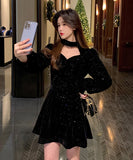 【2色】ミニドレス キャバドレス セクシー 韓国風 ツイード風 ツイード風 ウエストマーク スタイルアップ Aライン デート 成人式 JC2-MN219