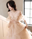 ロングドレス キャバドレス パーティードレス  チュール フレンチムード オフショルダー シャンパンカラー ステージ映え バースデー パーティー エンゲージメント JC2-ASNE201