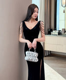 【3色】ロングドレス キャバドレス セクシー ローカット スリット入り 上品 バックオープン イブニングドレス パーティー JC2-YM9217