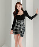 ミニドレス キャバドレス セクシー 韓国風 スクエアネック チェック切り替え タイト 長袖 小柄さん向け デートコーデ オフィスOK JC2-ZED88396A71
