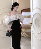 膝丈ドレス キャバドレス セクシー フレンチ ラメ入り フリル切り替え パフスリーブ オフショルダー ウエストマーク スリット入り JC2-XHY918509