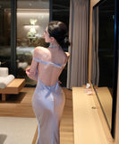 ロングドレス キャバドレス セクシー バックレス リボンデザイン リボンデザイン ツヤ感 オフショルダー サテン パーティー JC2-XHY918302