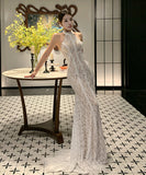 ロングドレス キャバドレス セクシー レース フリル ホルターネック バックオープン マーメイドライン パーティー JC2-XHY9895