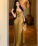 ロングドレス キャバドレス セクシー エレガント バックオープン ウエストマーク キャミワンピ ゴールド ギャザー JC2-XHY919324