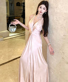 Lady's coco ロングドレス キャバドレス セクシー シャンパンピンク 調節可能 ディープV バックレス ツイストデザイン ギャザー入り 誕生日 パーティー JC2-XHY919295