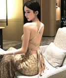 Lady's coco ロングドレス キャバドレス セクシー バックレス スパンコール マーメイドワンピ 交差ストラップ パーティー 二次会 JC2-XHY919310