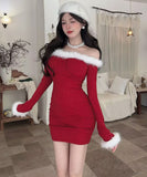 【3色】ミニドレス キャバドレス セクシー クリスマス フェザー オフショルダー ウエストマーク タイトシルエット 長袖 デート JC2-DD6108