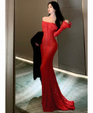 【2色】ロングドレス キャバドレス セクシー フレンチスタイル オフショルダー エレガント ウエストマーク 細見え パーティー バースデー JC2-XHY919202