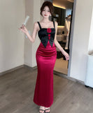 【2色】Lady's coco ロングドレス キャバドレス セクシー 韓国風 サテン 配色 フラワー装飾 スリット入り ボディコン JC2-MLS81282009