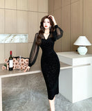 膝丈ドレス キャバドレス セクシー レトロ風 長袖 チュール スパンコール ベルベット スリット入り ボディコン JC2-WDS5570