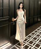 ロングドレス キャバドレス セクシー 上品 フレンチ サテン キャミワンピ ラメ マーメイドライン パーティー JC2-XHY919892