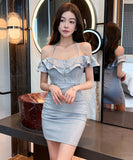 【3色】ミニドレス キャバドレス セクシー レース ローカット キャミワンピ フリル リボンストラップ 指名 JC2-YM8893