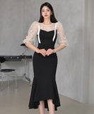 2点セット 膝丈ドレス キャバドレス エレガント パフスリーブ 気質 おしゃれ YH2-ZED88359A71
