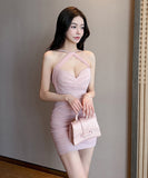 【4色】ミニドレス キャバドレス セクシー 細見え ホルターネック シャーリング ボディコン バックオープン クラブ 指名 JC2-YM8902