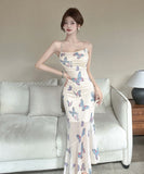 ロングドレス ホルターネック 蝶柄 セクシー 気質 背露出 名媛風 お洒落 YH2-DD6747