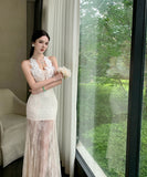 ロングドレス キャバドレス セクシー フレンチ レース ホルターネック シアー 細見え JC2-XHY919863