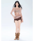 【3点セット】水着 ビキニ セクシー オフショルダー ドット柄 チュール 細見え ギャザー 長袖 ビーチ 温泉 JC7-KSD2639