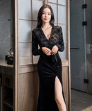 ロングドレス キャバドレス セクシー スリット入り 長袖 フォーマル フォーマル フロッキー Vネック シースルー トレーン パーティー JC2-YM9214