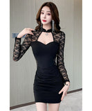 ミニドレス キャバドレス セクシー エレガント レース切替 ホルターネック ロングスリーブ タイト 指名 JC2-JX5685