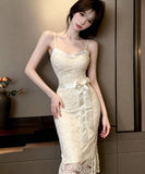 【2色】膝丈ドレス キャバドレス セクシー フレンチ レース キャミワンピ タイトフィット レースアップ JC2-DD6332