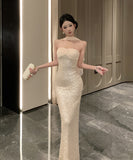 ロングドレス キャバドレス セクシー ベアトップ スパンコール ウエストマーク ショール付き バースデー パーティー JC2-DD3816