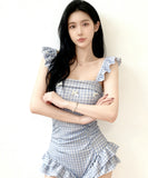 【2色】ビキニ 水着 爽やかガーリー タイトシルエット 清楚系 レトロ チェック柄 体型カバー 細見え 温泉 リゾート ワンピース水着 JC7-YQ-HH887QDLL