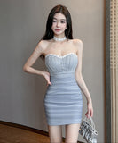 【4色】ミニドレス キャバドレス セクシー ギャル系 谷間魅せ シャーリング ベアトップ ボディコン クラブ 指名 JC2-YM8899