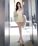 【3色】ミニドレス キャバドレス セクシー ビーズ リボン キャミワンピ シャーリング 細見え 脚長効果 JC2-JW8059DXH619