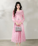 【3色】ロングドレス エレガント フェミニン レース 長袖 ウエストマーク Aライン 美シルエット シャネル風 ボタン装飾 お出かけ 日常 JC2-ZED889519-2GT415