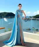 Lady's coco ロングドレス キャバドレス セクシー 肌見せデザイン カットアウト ウエスト ハイスリット ドレープ ライトブルー パーティー バースデー イベント JC2-XHY918251
