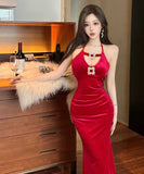 【2色】ロングドレス キャバドレス セクシー ホルターネック カットアウト ビジュー付き フィット感 JC2-WDS5508