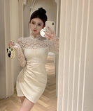 【2色】Lady's coco ミニドレス キャバドレス 清楚セクシー レースシースルー ロングスリーブ 大人可愛い 着やせ ボディコン ウエストシェイプ デート 女子会 お出かけ JC2-XKDD342-581-Sep28