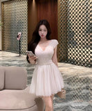 ミニドレス　名媛風ノースリーブ 高腰Aライン 涼感Vネック ドレスおしゃれ HMZ2-XKDD335A-2975-Jun9