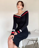 Lady's coco 膝丈ドレス キャバドレス セクシー 韓国スタイル 新作 バイカラー タイトワンピース オフショルダー LW2-DD6033