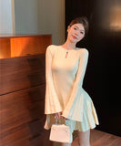 【2色】 ミニドレス キャバドレス セクシー ヘプバーン ニットワンピース トランペットスリーブ フレアスカート Aライン お出かけ デートLW2-OYF64044