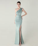 ロングドレス キャバドレス セクシー ワンショルダー サテン タイト マーメイドドレス プリーツ スリット入り 夜会 パーティー 結婚式 JC2-YEY33598