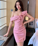 【3色】キャバドレスミニドレスワンーショルダーフリルセクシーエレガントナイトクラブパーティー非対称 WQ2-DD4733