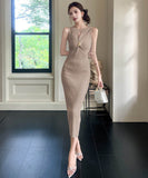 4色ロングドレスニットドレスセクシーノースリーブ谷間見せエレガント通勤 WQ2-ZED889095GT513